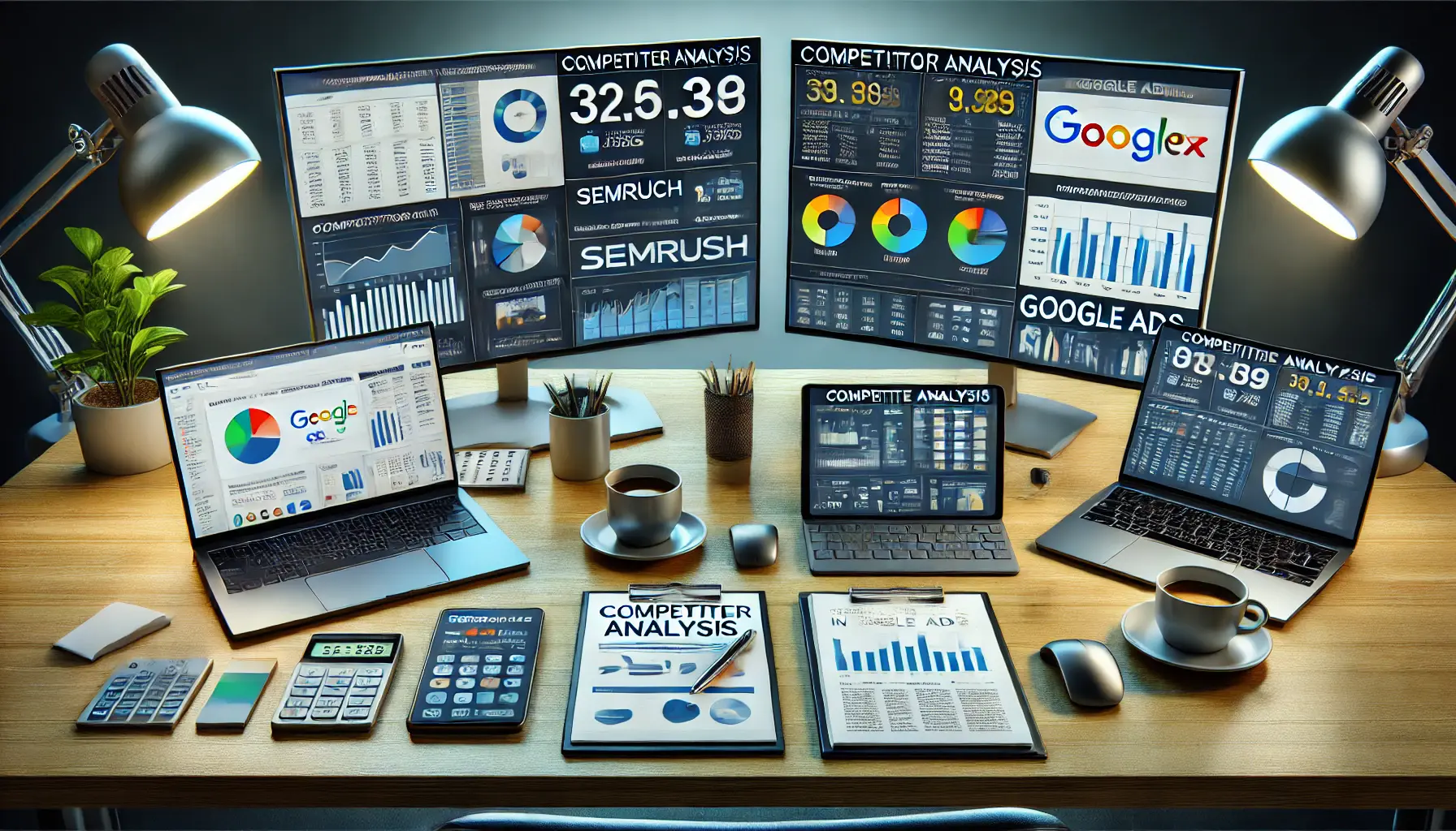 A professional digital marketing workspace showcasing various tools for competitor analysis with analytics dashboards.