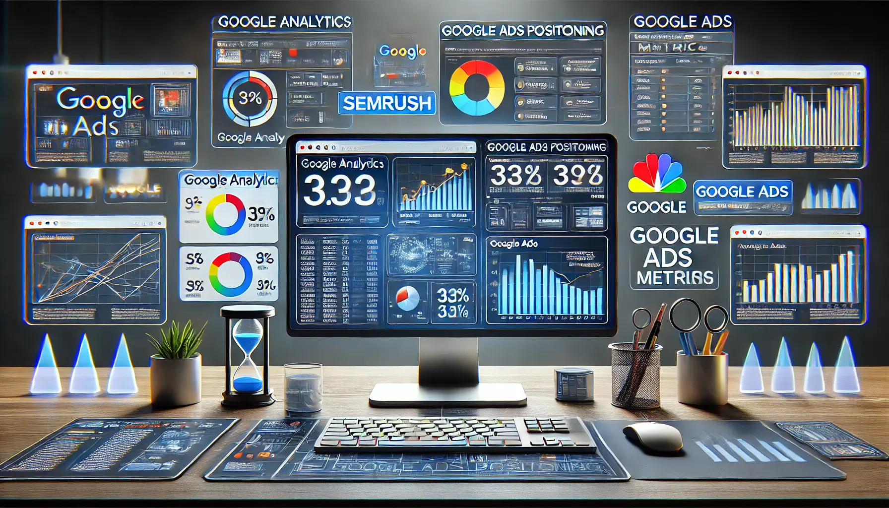 A realistic illustration depicting tools to monitor Google Ads positioning, featuring a computer setup with multiple screens showing analytics and monitoring tools.