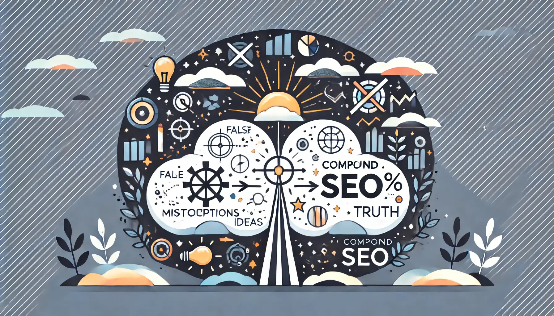 An illustration showing confusion and false perceptions about Compound SEO, with symbols of clarity emerging.