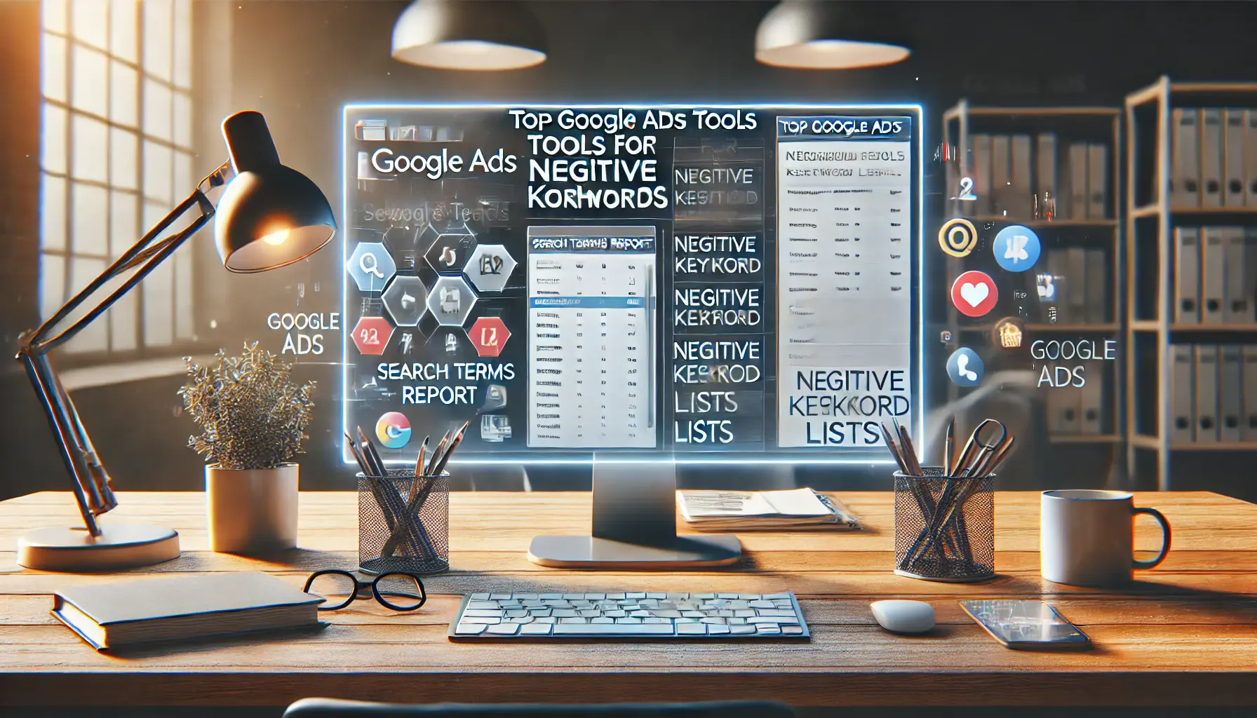 Digital advertising workspace featuring Google Ads tools like search terms report, keyword planner, and negative keyword lists.