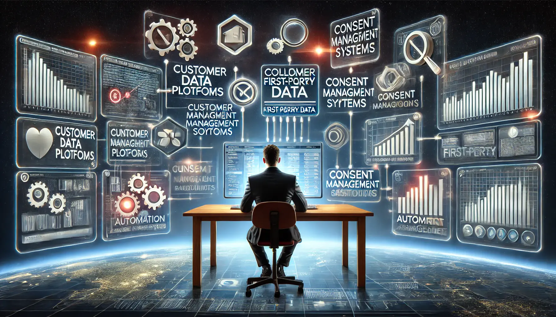 A marketer working with a dashboard integrating tools like CDPs, consent management systems, and analytics for first-party data collection and management.