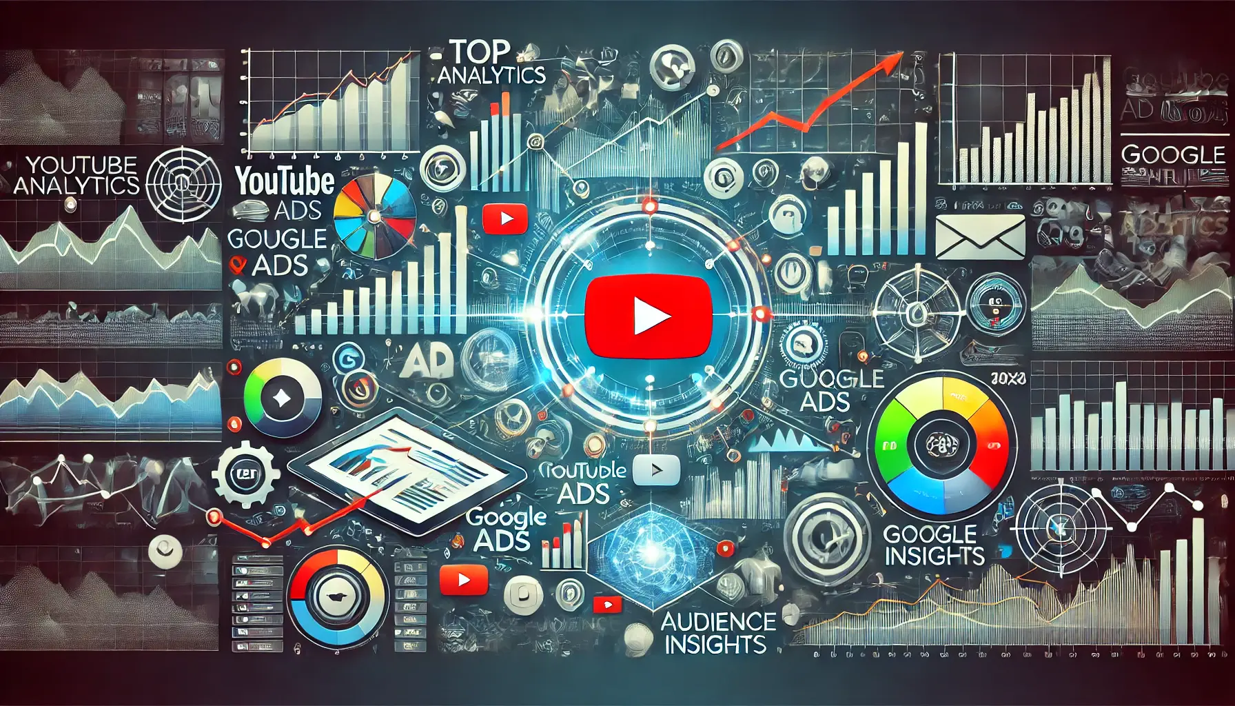 An illustration of various analytics tools for measuring YouTube ad performance, featuring abstract visuals like graphs, charts, and audience insights with YouTube and Google color accents.