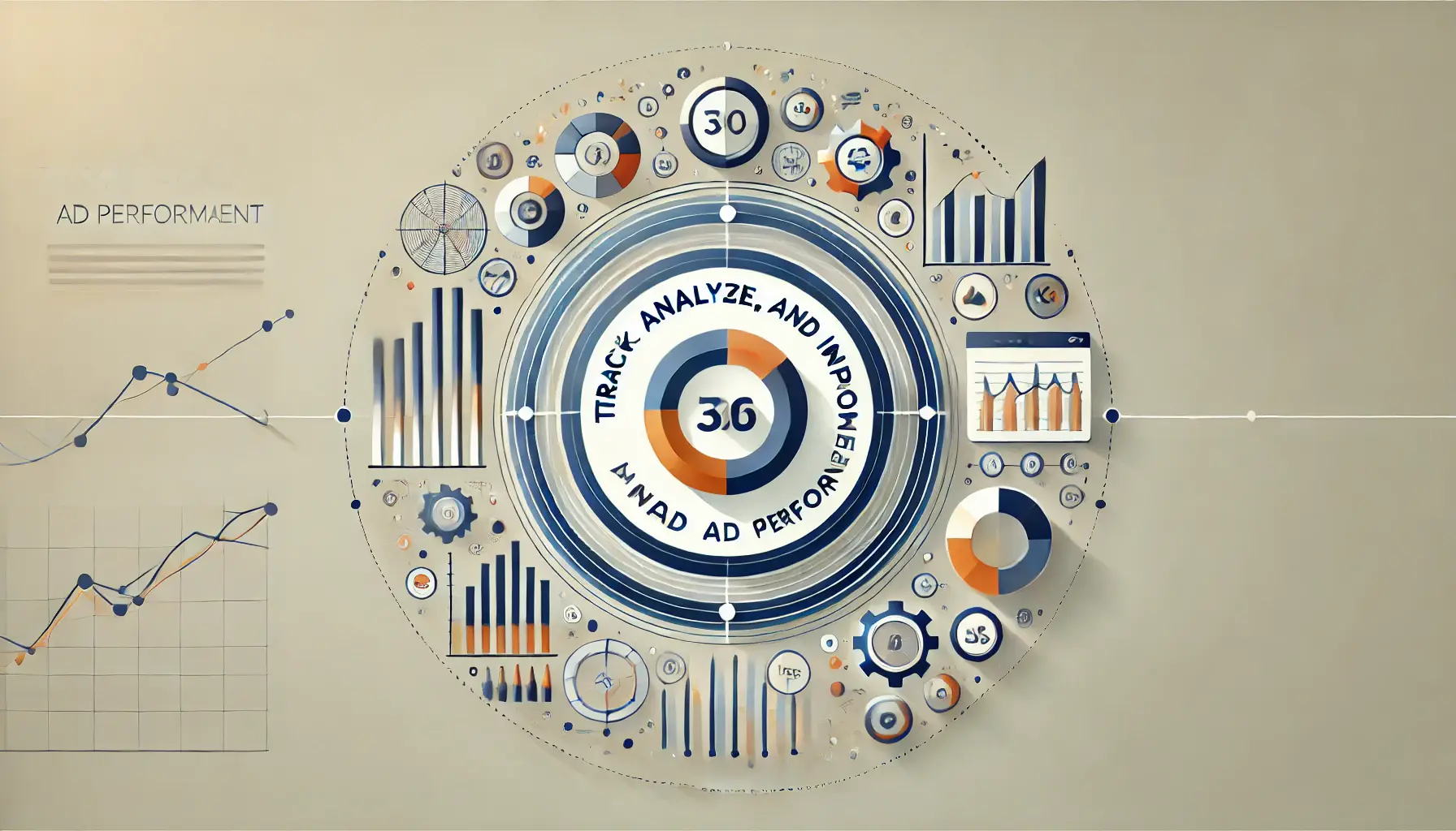 An image symbolizing the tracking, analysis, and improvement of ad performance, featuring abstract visuals of data charts, graphs, and performance metrics.