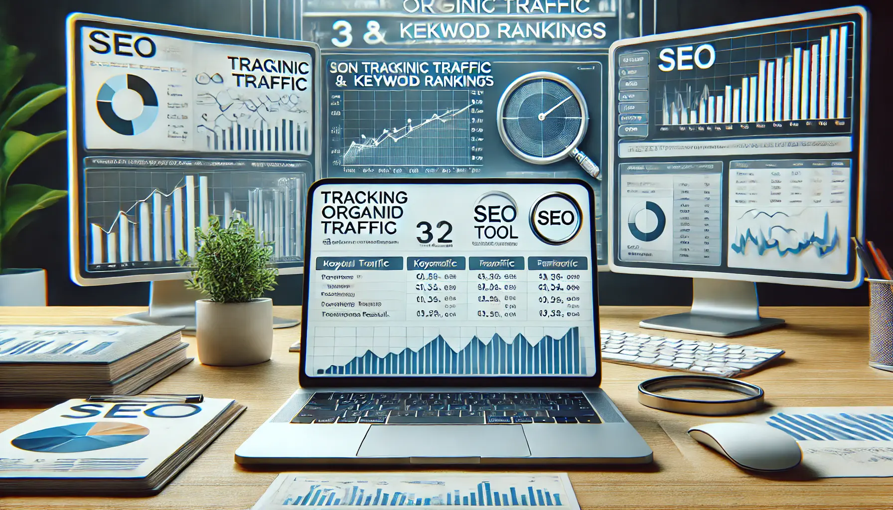 A digital workspace showing an SEO dashboard with graphs displaying organic traffic trends and keyword ranking positions over time, with tools for keyword analysis.