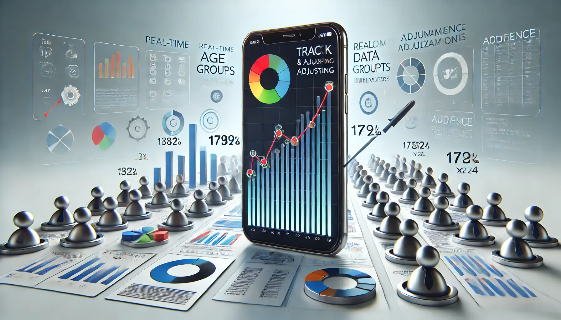 Smartphone displaying app ad with graph and audience data adjustments