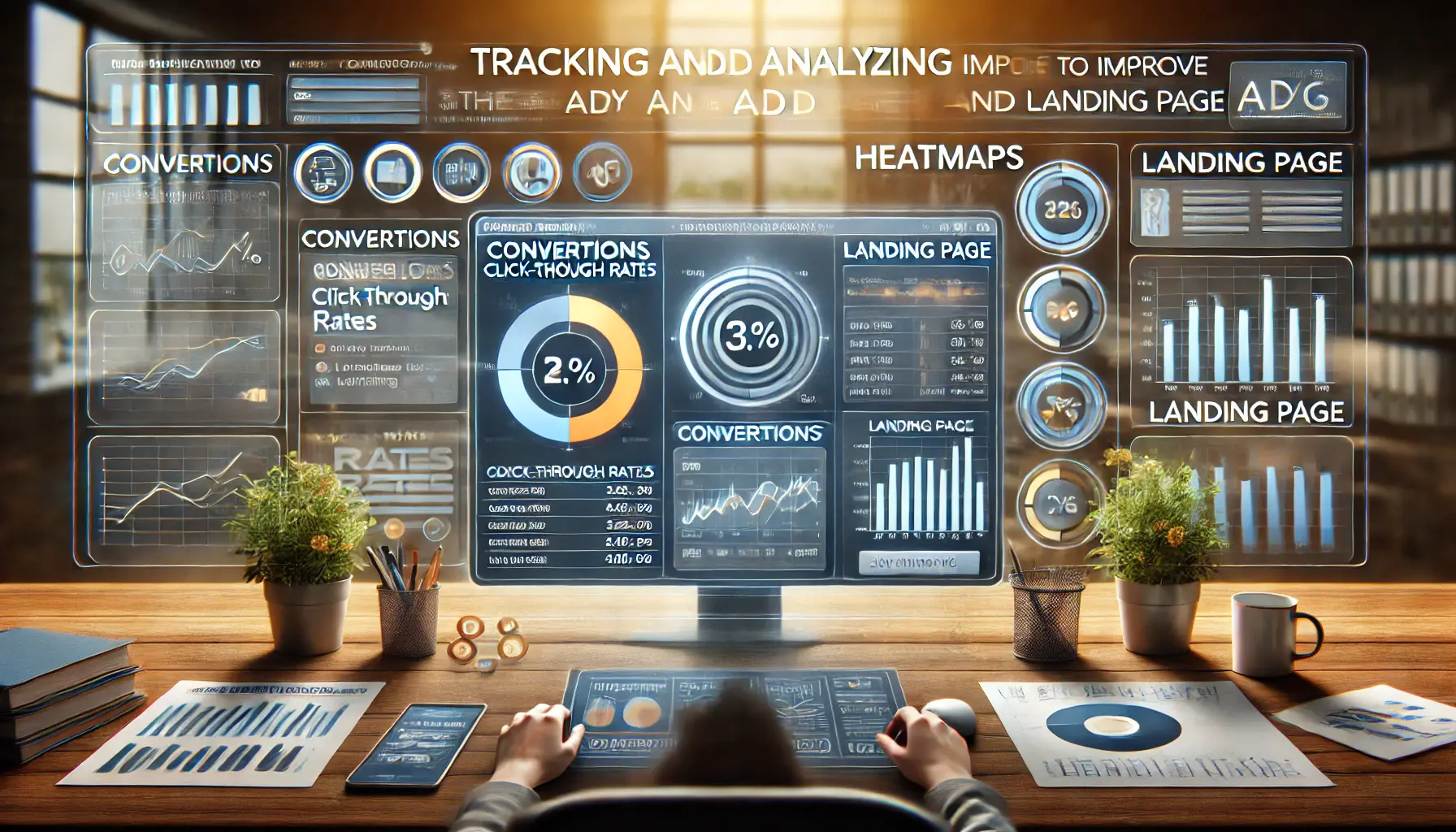 Digital marketing scene showing a marketing dashboard with key metrics like conversions, click-through rates, and heatmaps for tracking ad and landing page performance