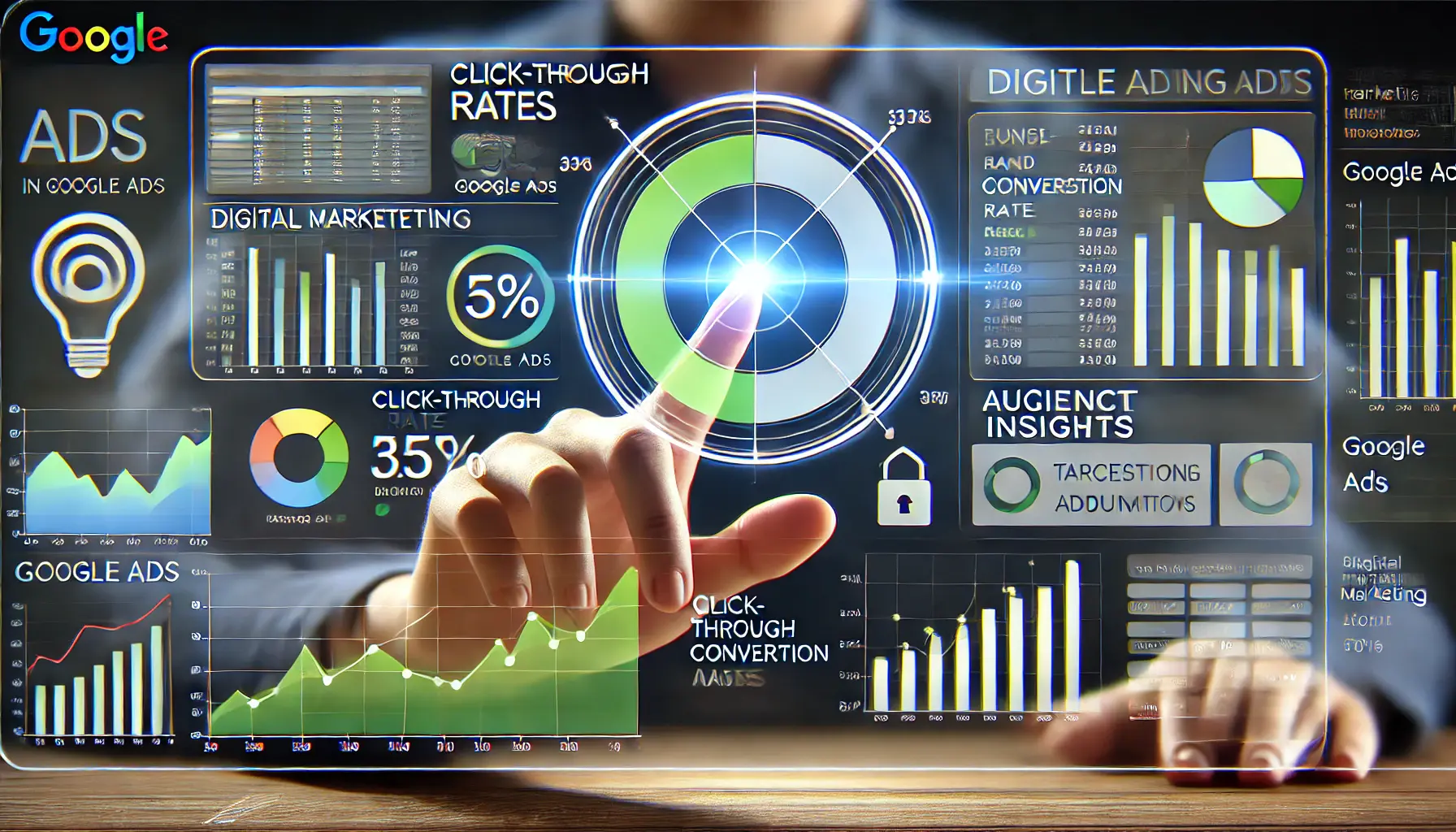 A professional image showing tracking and analyzing targeting data in Google Ads, with performance metrics, graphs, and audience insights.