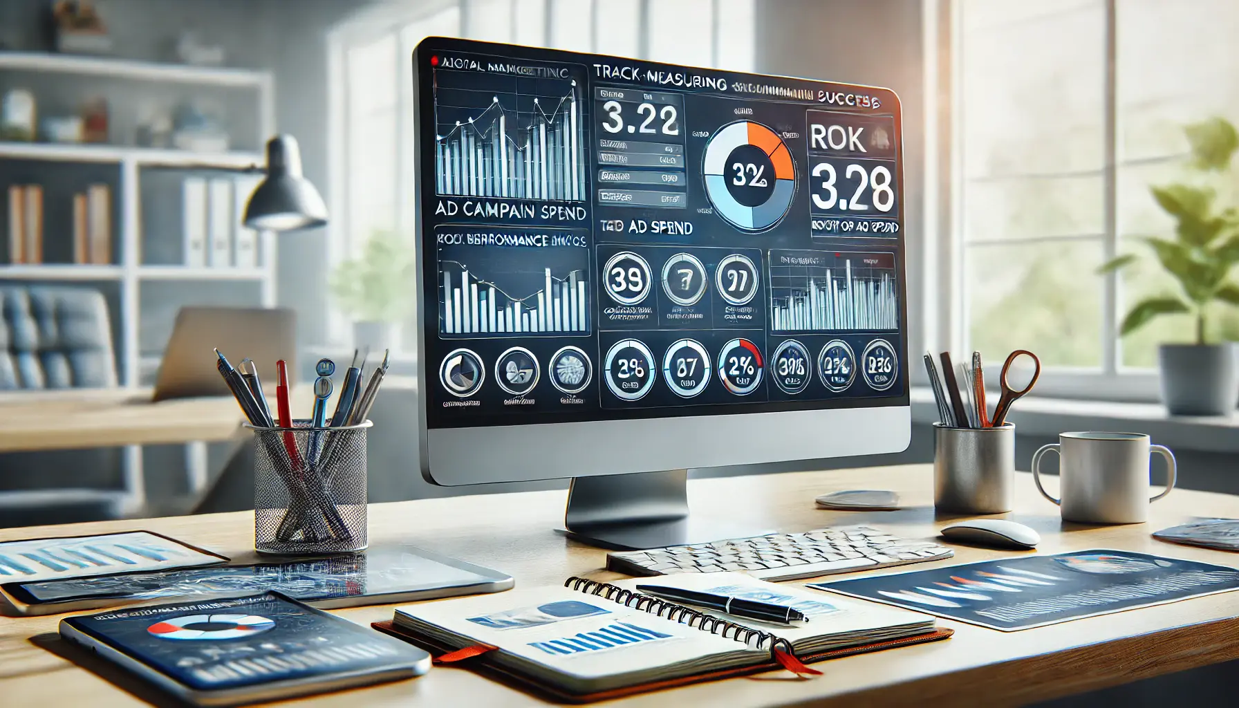 A digital marketing workspace with a computer displaying an analytics dashboard showing key performance indicators like conversion rates and return on ad spend, symbolizing the tracking of success after ad campaign consolidation.