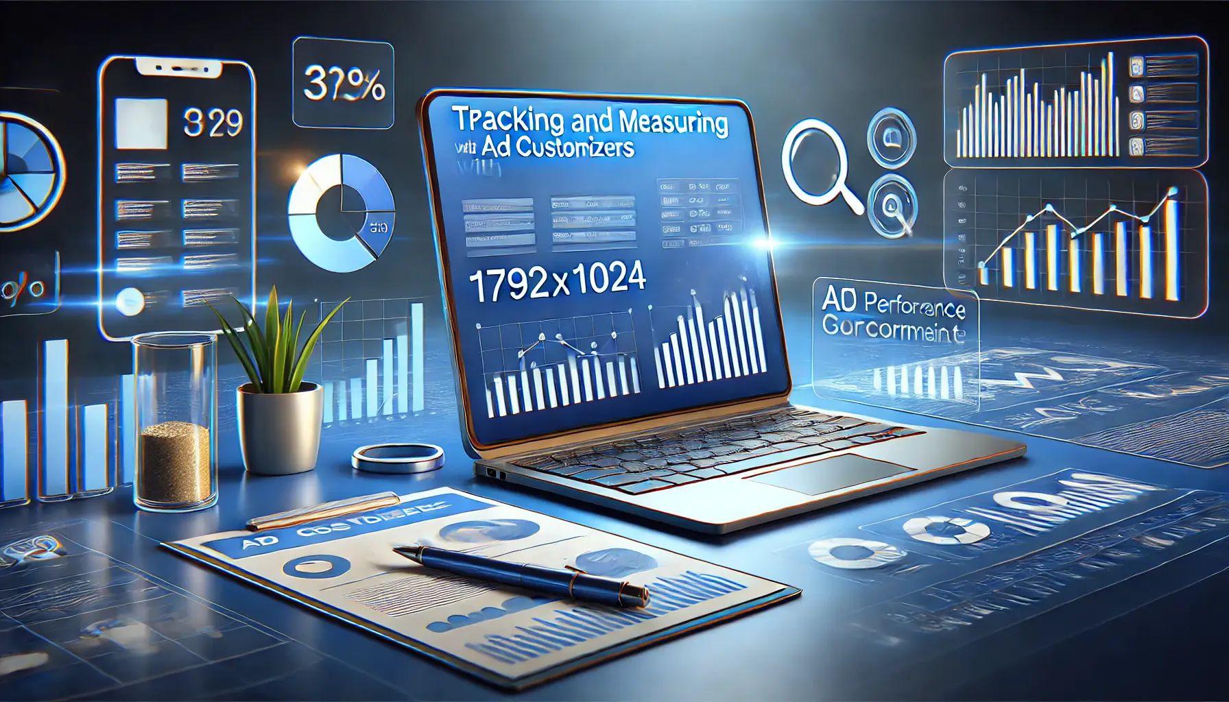 A digital workspace showing analytics icons like graphs, metrics, and performance indicators, symbolizing ad performance tracking and measurement.