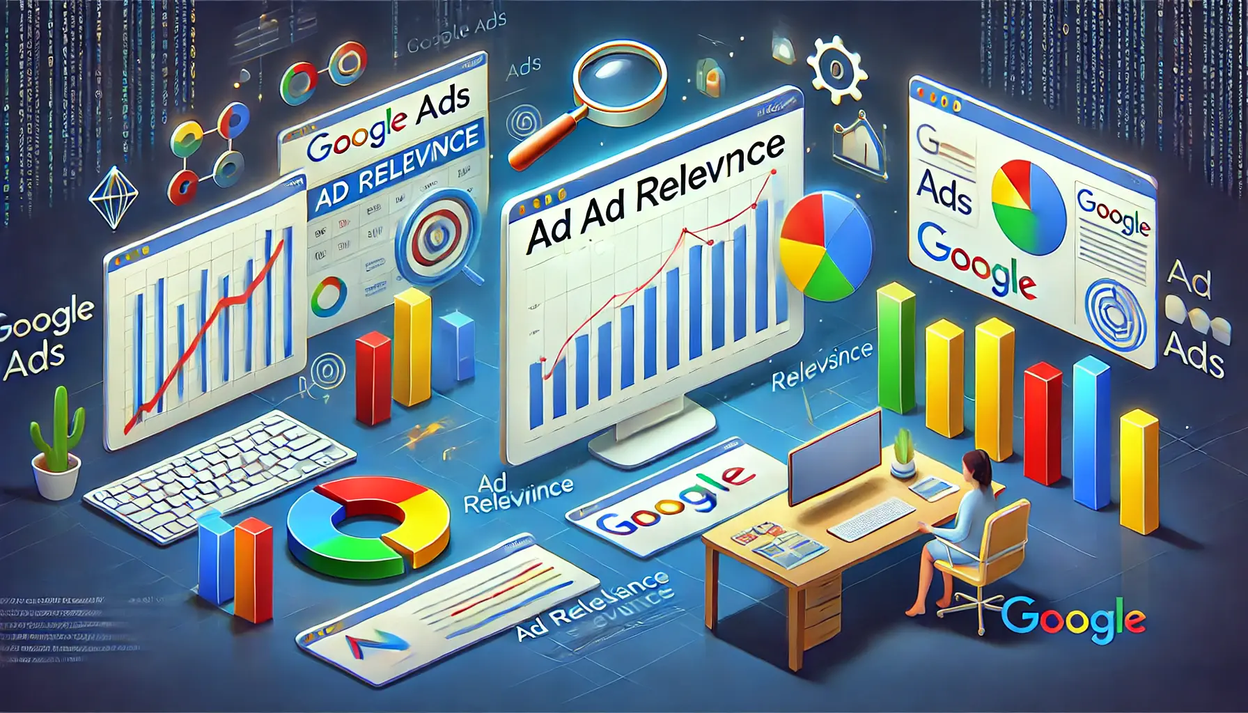 Image illustrating tracking ad relevance metrics with analytics charts, performance metrics, and monitoring icons.