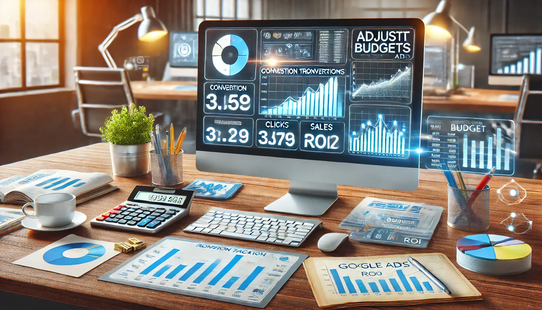 A modern office workspace with a computer displaying conversion tracking data and financial graphs.