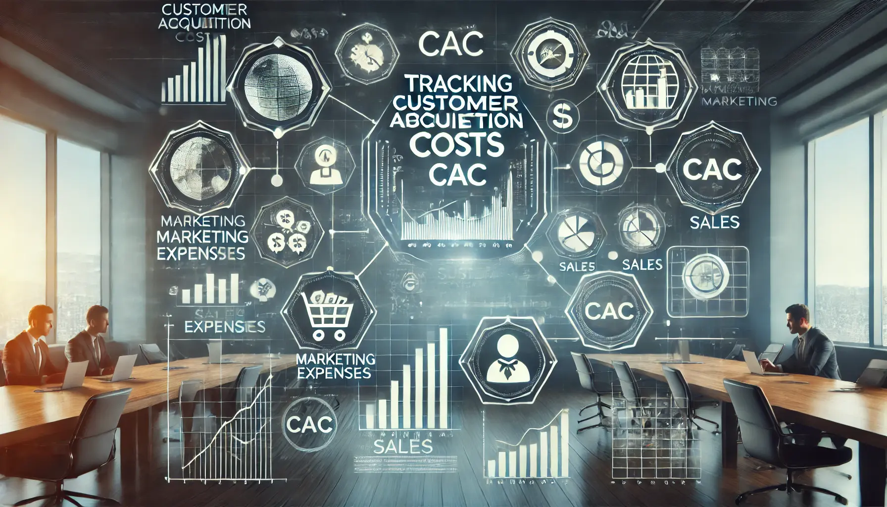 An informative image illustrating Tracking Customer Acquisition Costs (CAC) in digital marketing, featuring charts and marketing expense icons.