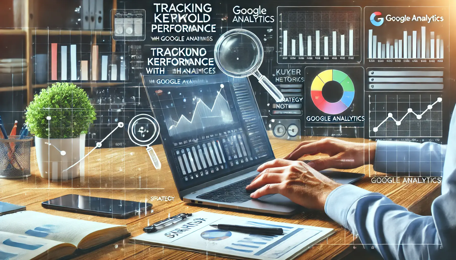 A digital marketing professional analyzing keyword performance data using Google Analytics.