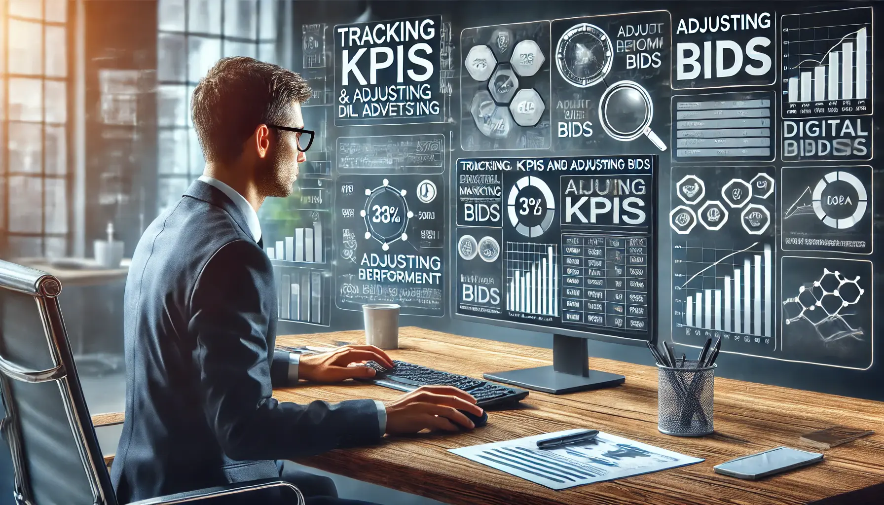 A digital marketing analyst reviewing KPI metrics and adjusting bids.