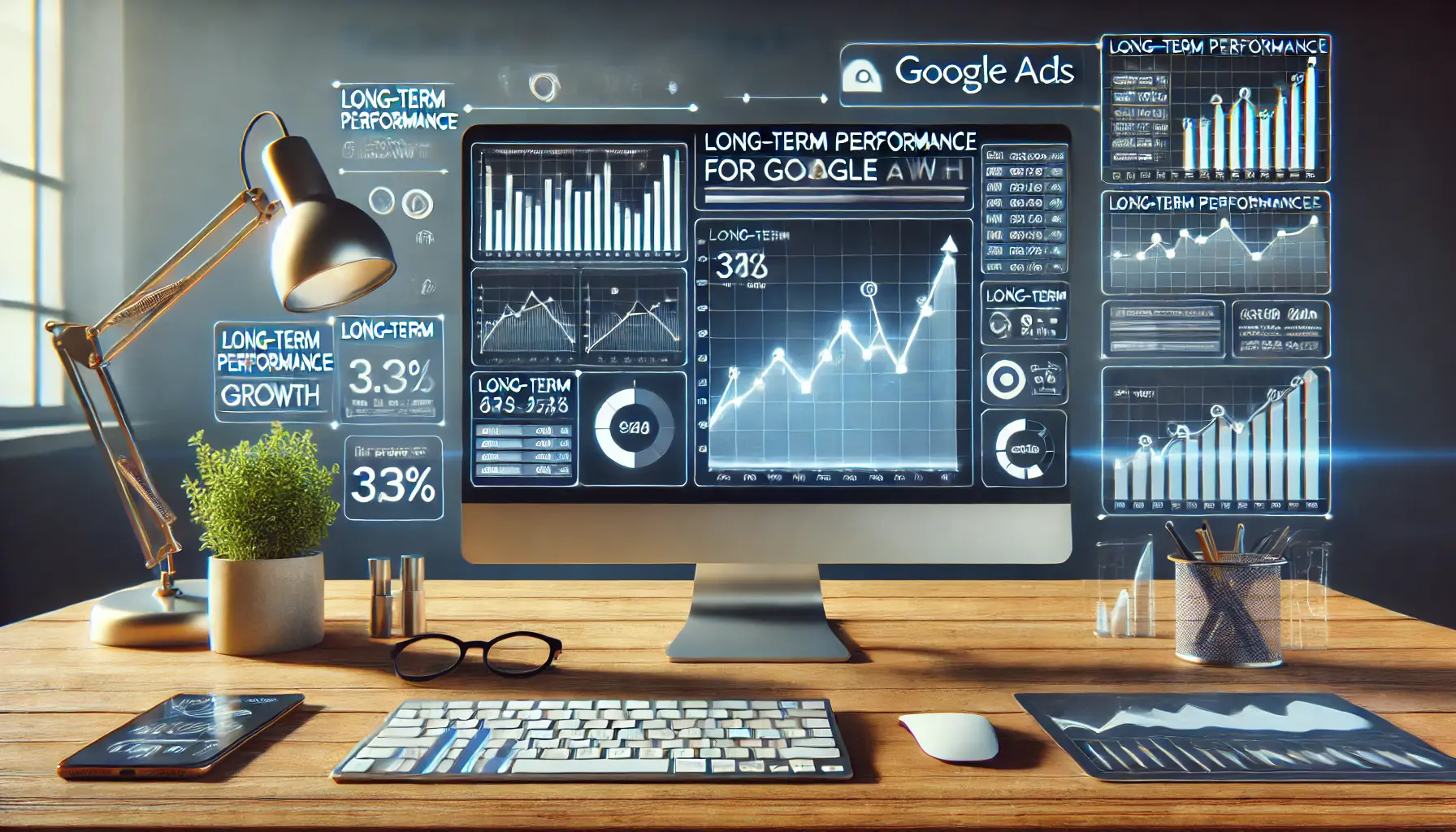 A digital marketing workspace displaying long-term performance graphs and metrics tracking campaign growth over time in Google Ads.