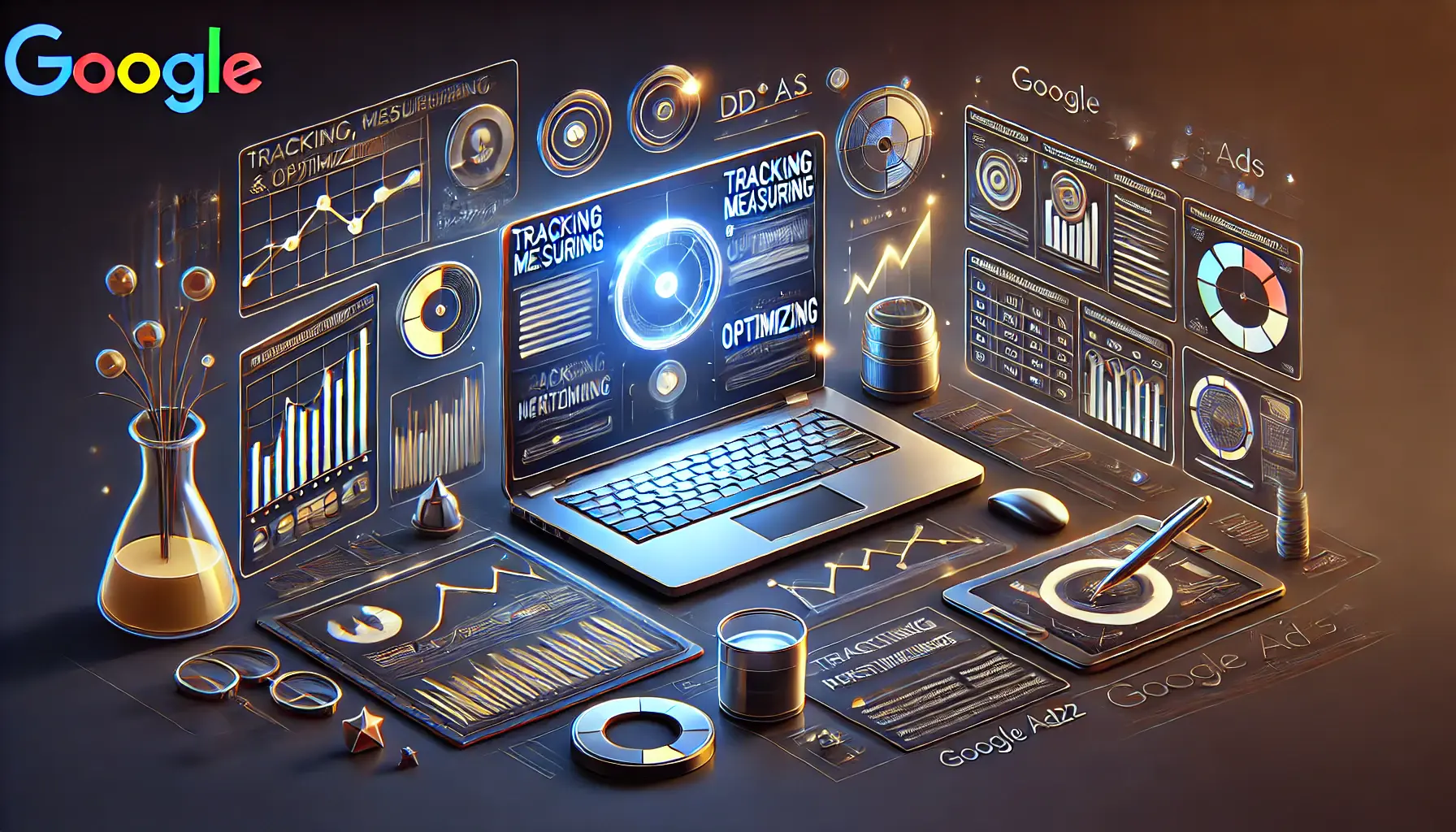 A digital workspace featuring analytics tools, performance graphs, and optimization dashboards, representing the tracking and measuring of ad performance.