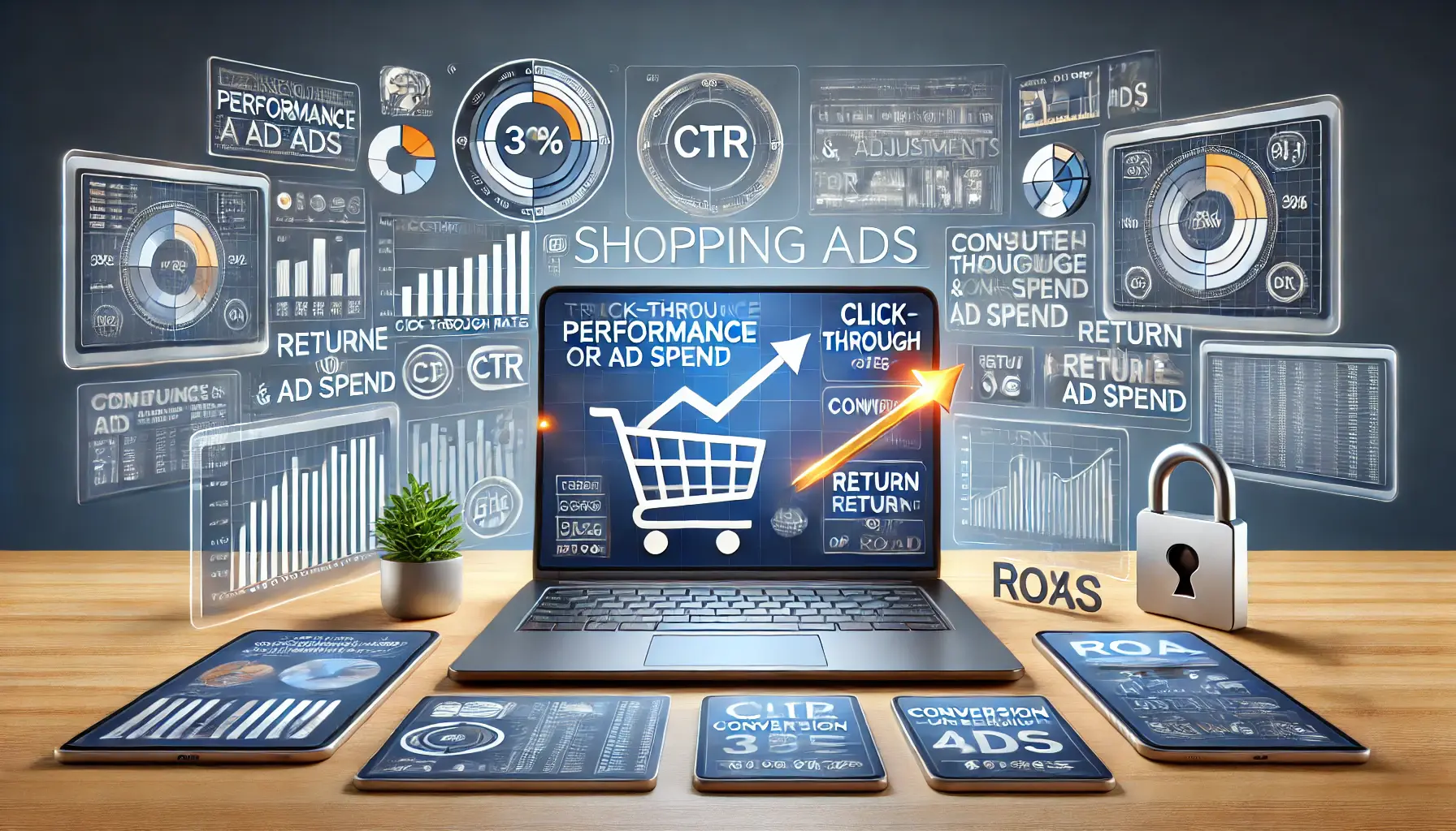 An image showing a digital dashboard displaying performance metrics like click-through rates, conversion rates, and return on ad spend (ROAS) for Shopping Ads campaigns.