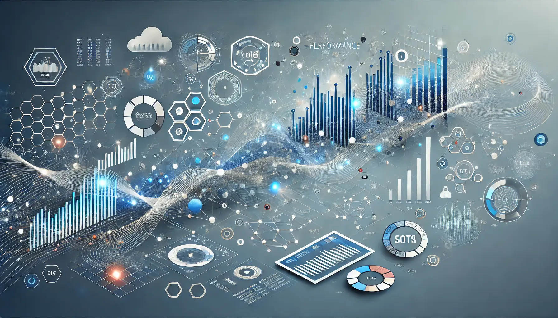 Abstract representation of tracking performance metrics with line graphs, bar charts, and dashboards symbolizing data analysis