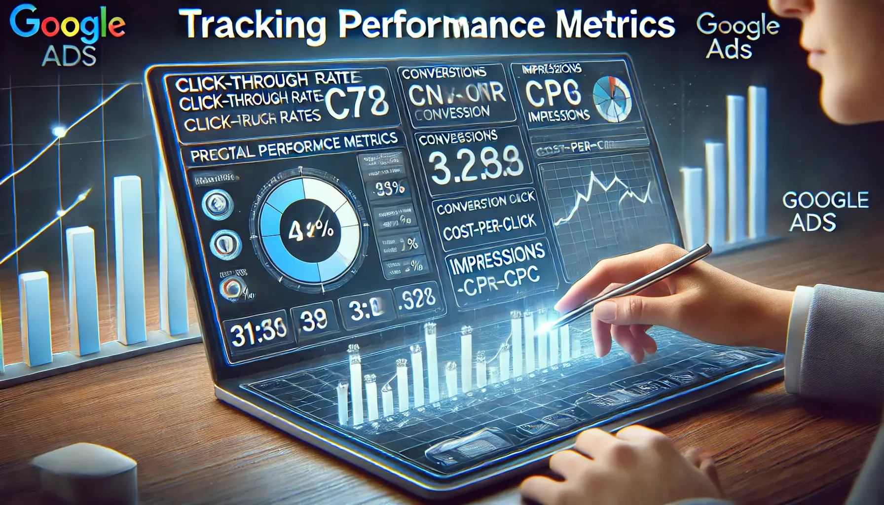 A digital marketing dashboard displaying performance metrics like click-through rates (CTR), conversion rates, impressions, and cost-per-click (CPC) in real-time with performance graphs and data charts.