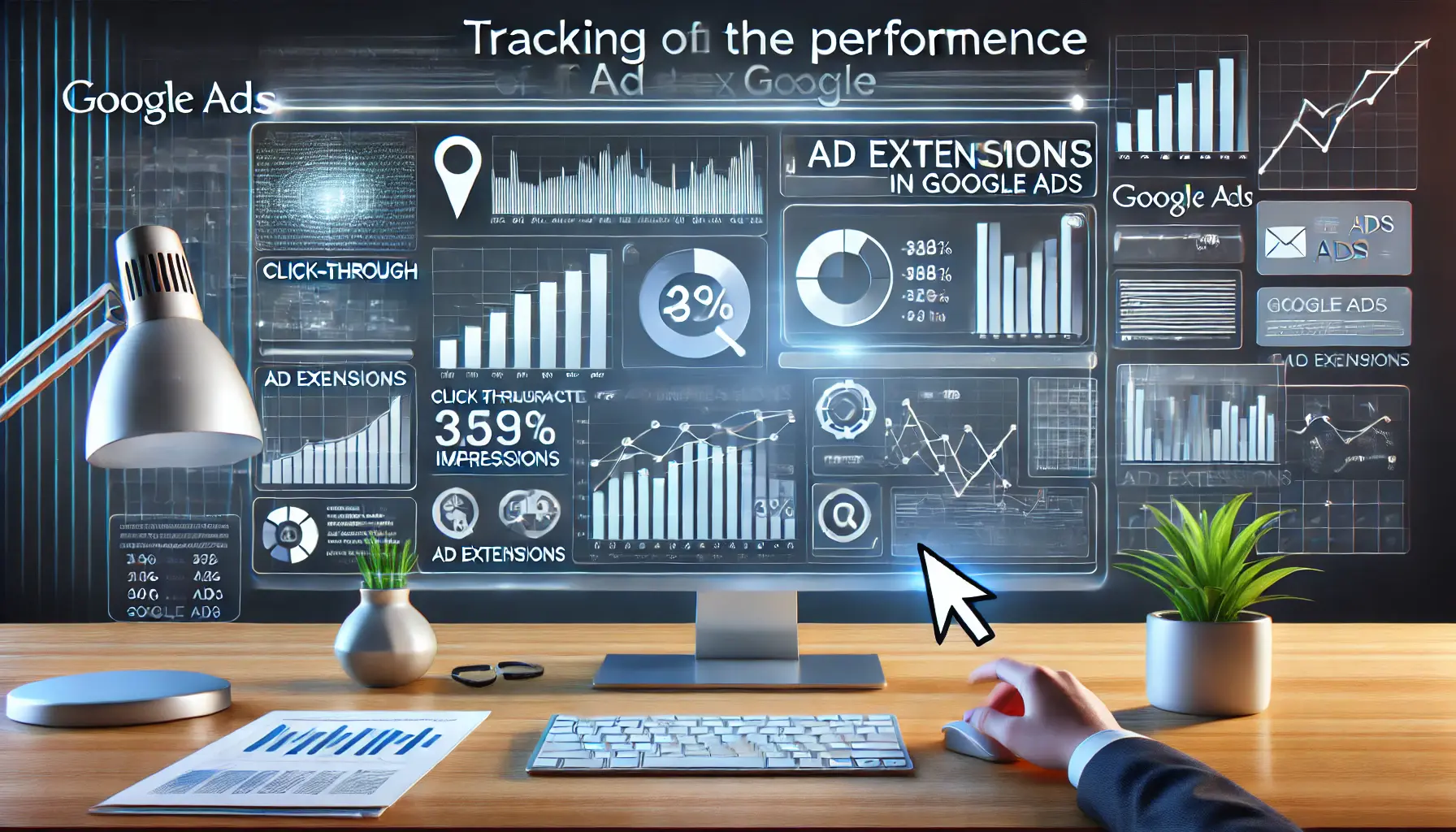 An illustration of tracking performance metrics for ad extensions in Google Ads.