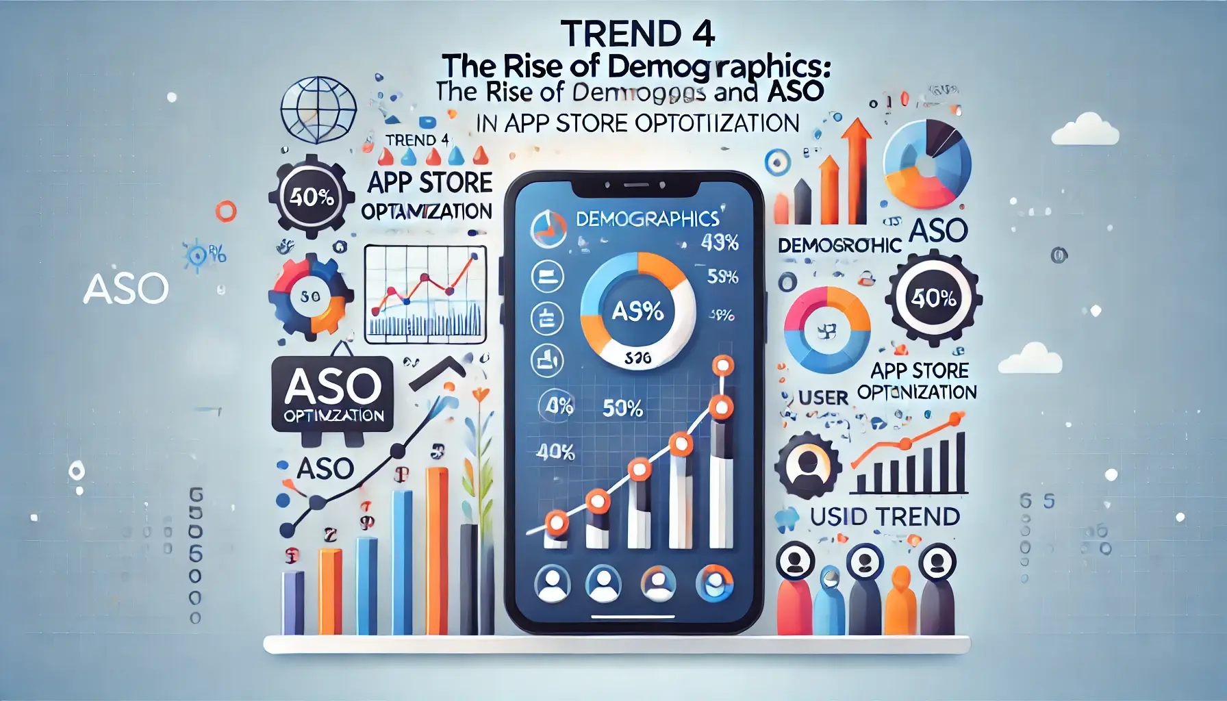 Image illustrating the growing importance of demographics in ASO, featuring a mobile app interface with demographic data analytics, rising trend arrows, and icons representing various user groups.