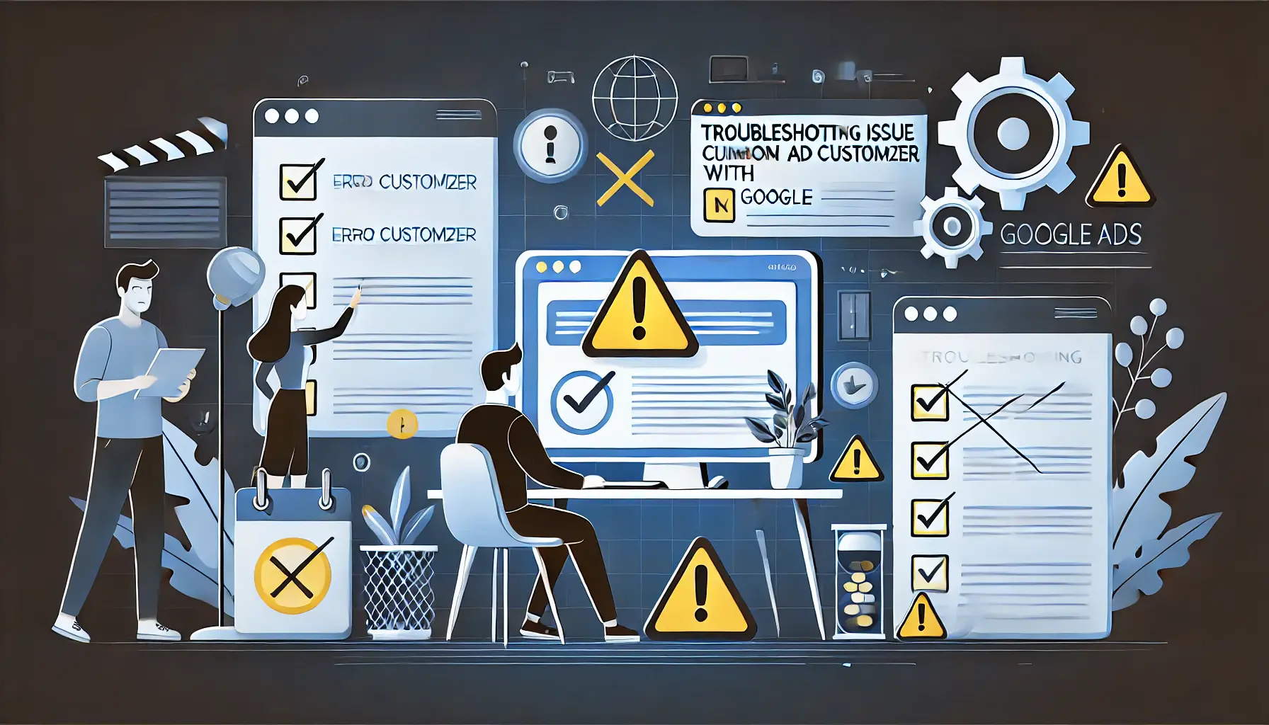 A digital workspace showing troubleshooting elements like warning icons, error messages, and a person analyzing data on a computer, representing problem-solving in ad customizers.