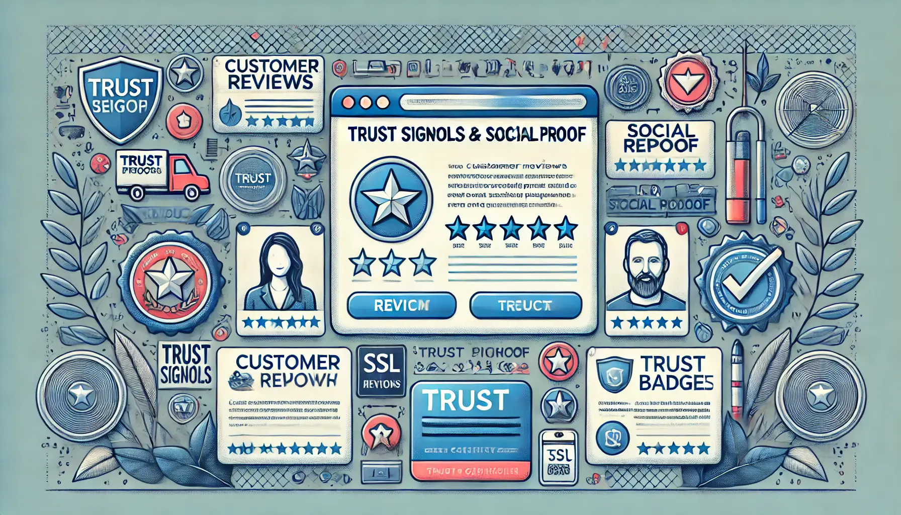 Illustration of a landing page with customer reviews, testimonials, star ratings, and trust badges to build credibility.