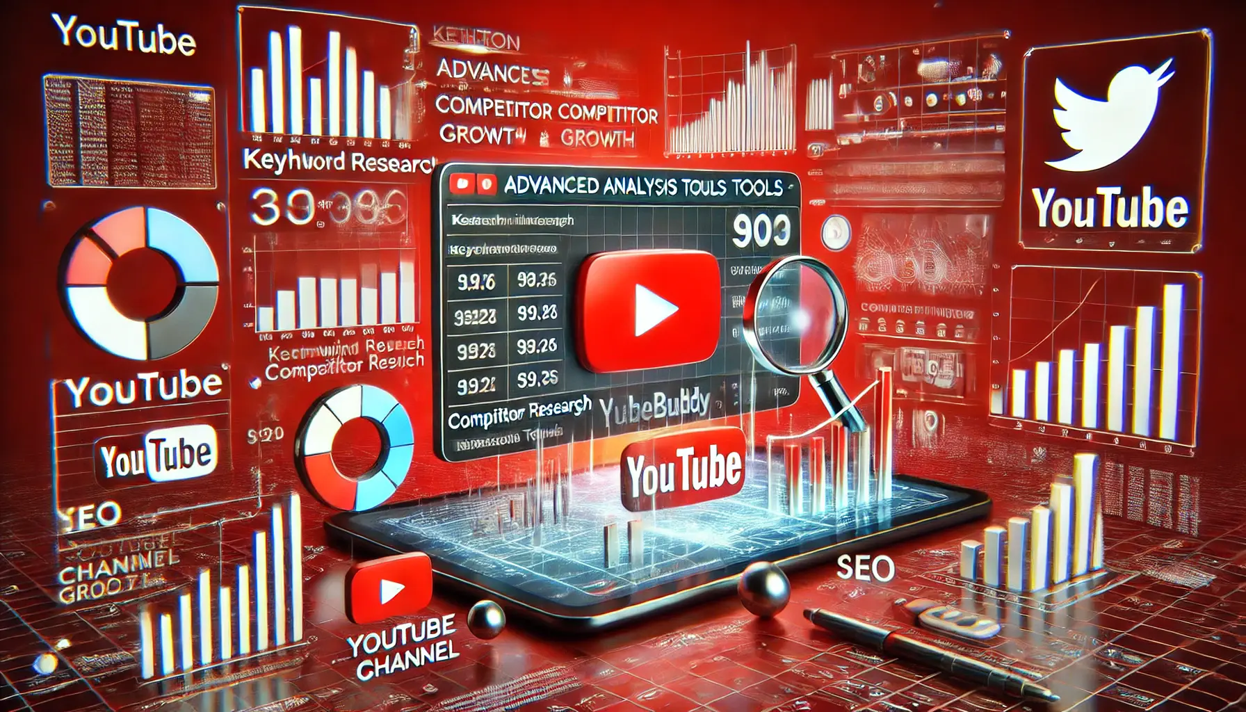 An illustration of TubeBuddy's tools for YouTube channel growth, featuring visuals of keyword research, competitor analysis, and performance metrics with YouTube's red accents.