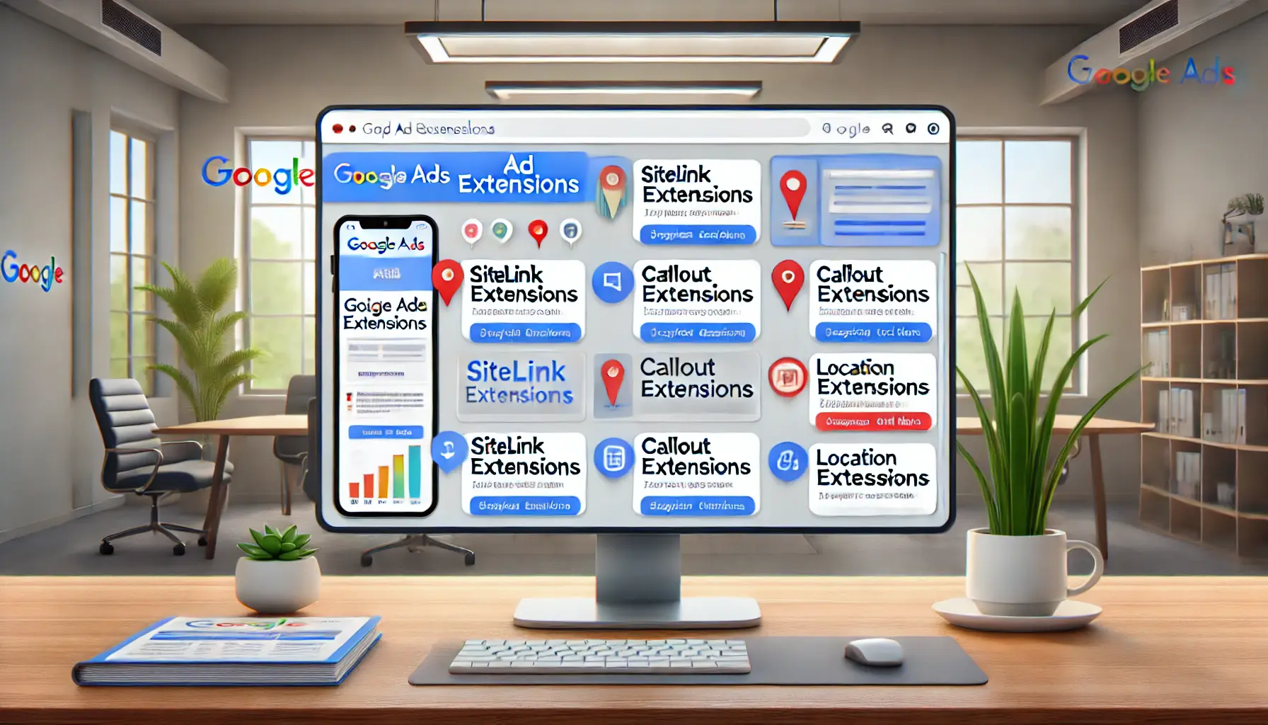 An illustration showing various types of ad extensions in Google Ads.