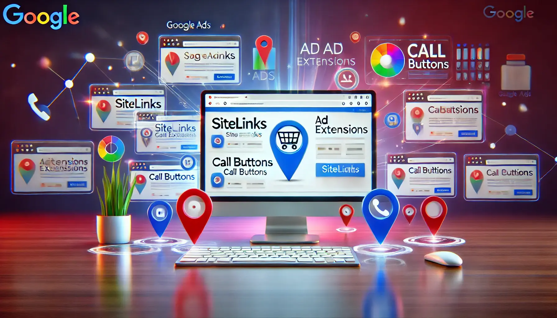 A Google Ads dashboard displaying active ad campaigns with various ad extensions like sitelinks, call buttons, and location markers, surrounded by abstract icons representing different types of ad extensions.