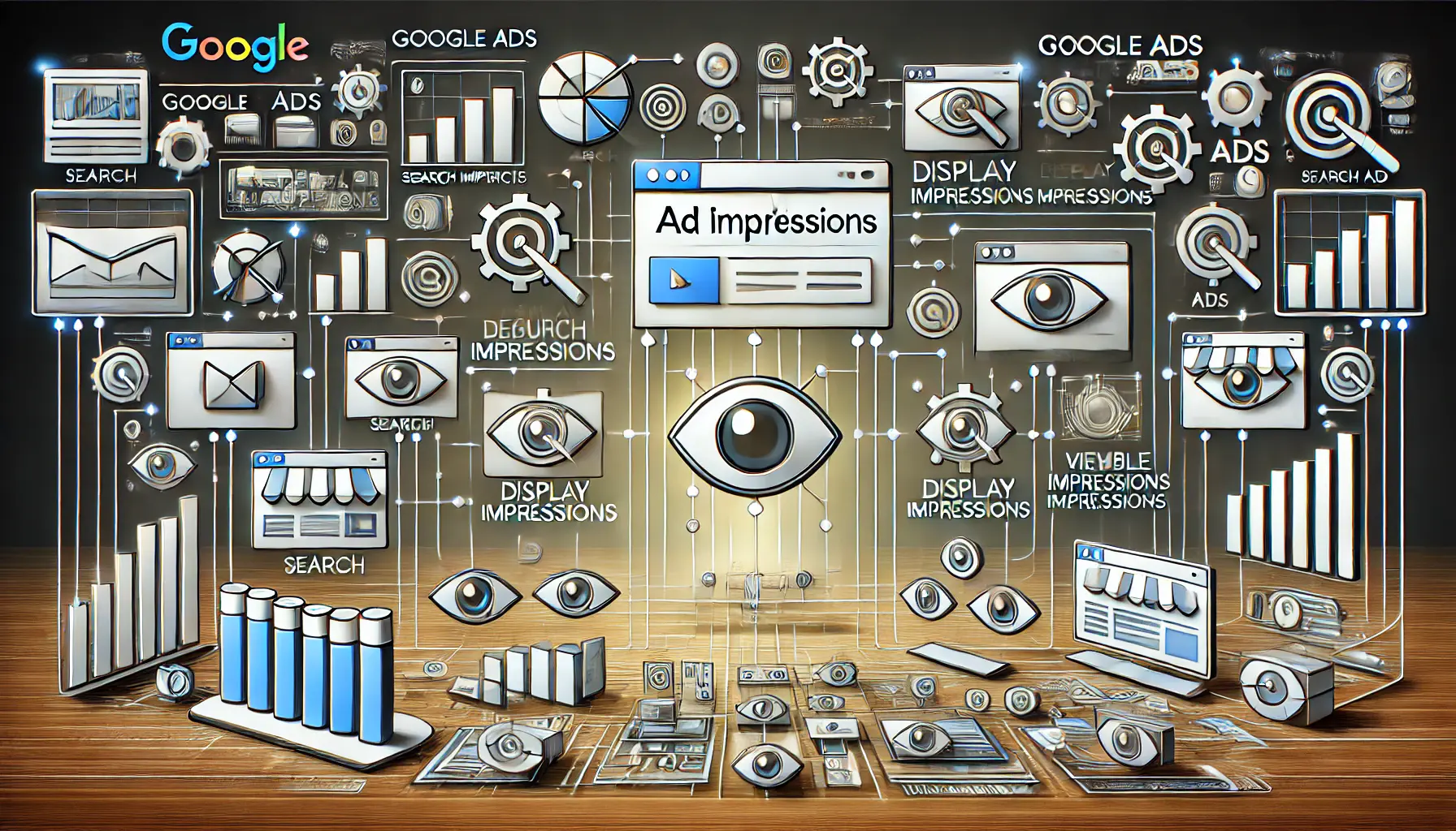 Visualization of different ad impressions types including search, display, and viewable impressions in a digital marketing context.