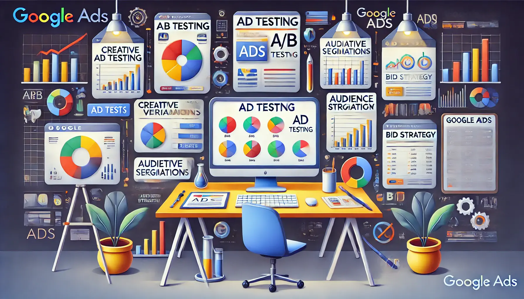 A computer screen divided into sections showcasing different types of ad tests in Google Ads with analytics around.