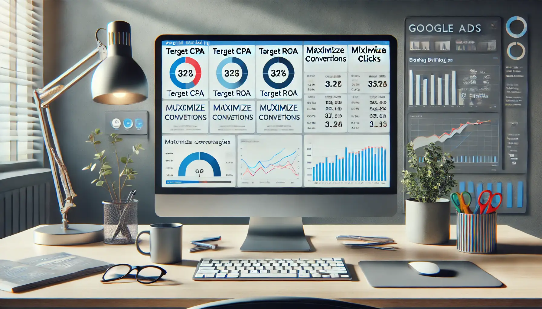 A digital marketing workspace displaying different automated bidding strategies like Target CPA, Target ROAS, Maximize Conversions, and Maximize Clicks in a Google Ads dashboard.