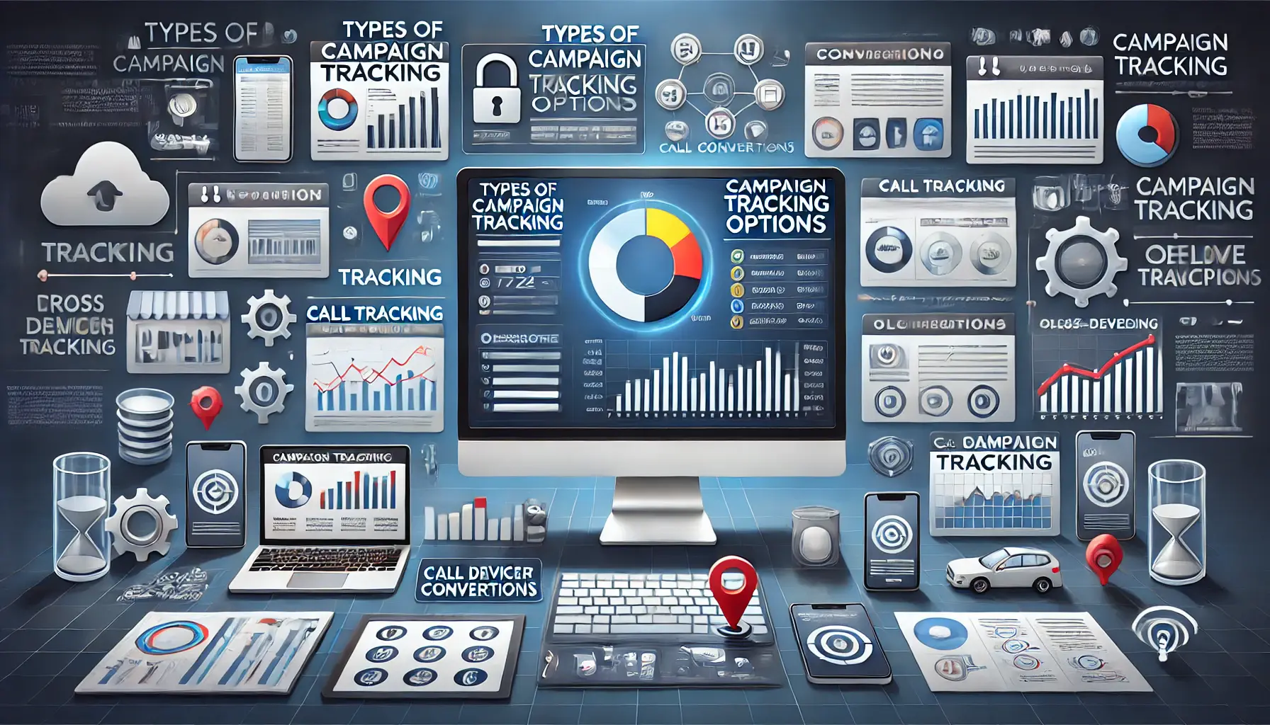 Image illustrating various campaign tracking options in digital marketing, featuring a computer screen displaying tracking methods like conversion tracking and call tracking.