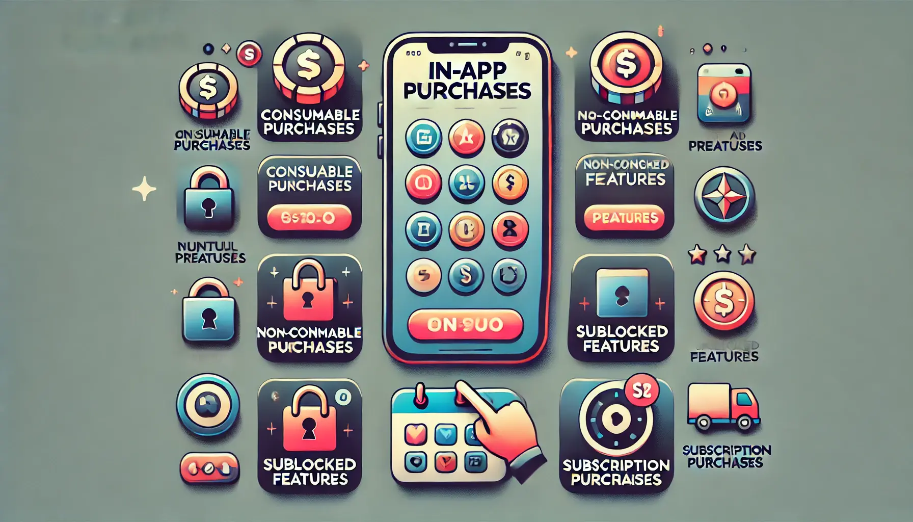 Digital illustration of a mobile device displaying various in-app purchase options including consumables, non-consumables, and subscriptions.