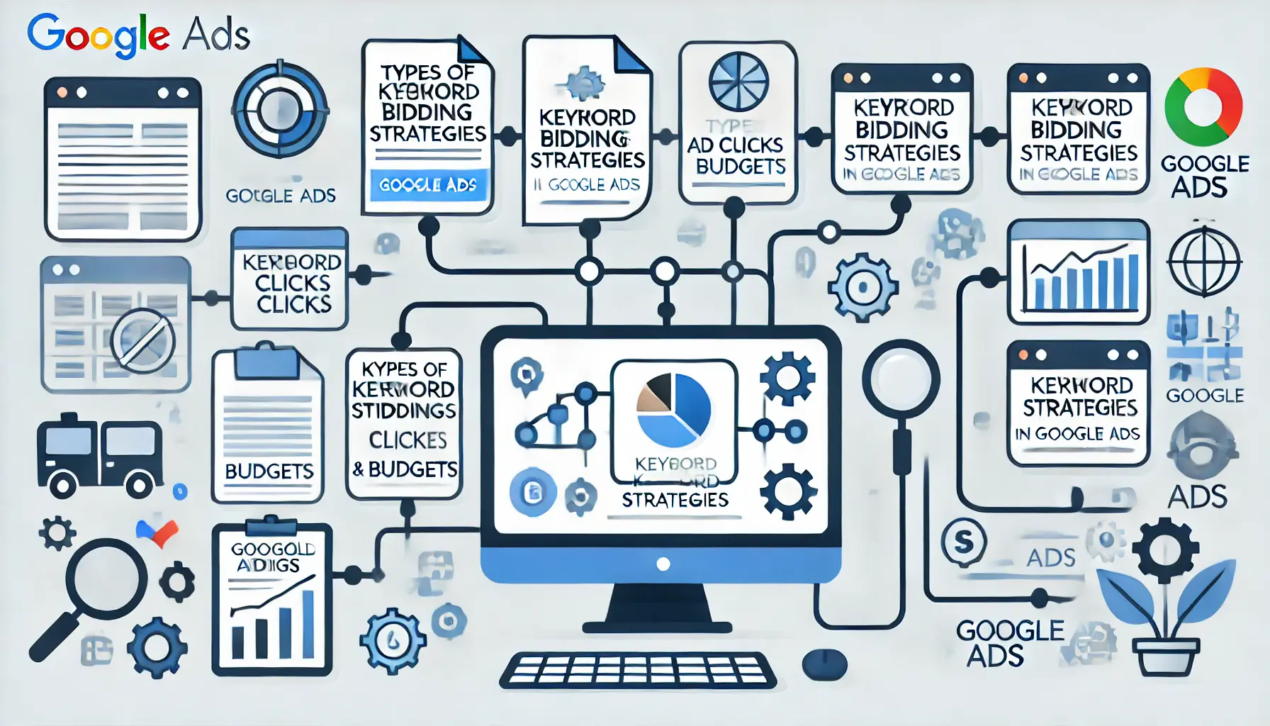 Visual representation of various keyword bidding strategies in digital marketing, featuring different paths symbolizing diverse strategies with icons of clicks, budgets, and performance metrics.