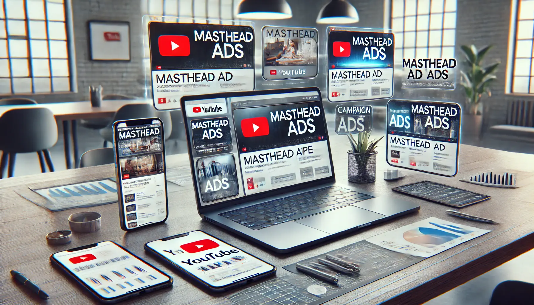 Laptop screen displaying multiple types of Masthead Ads on YouTube's homepage in a digital marketing workspace with campaign analytics on other devices.