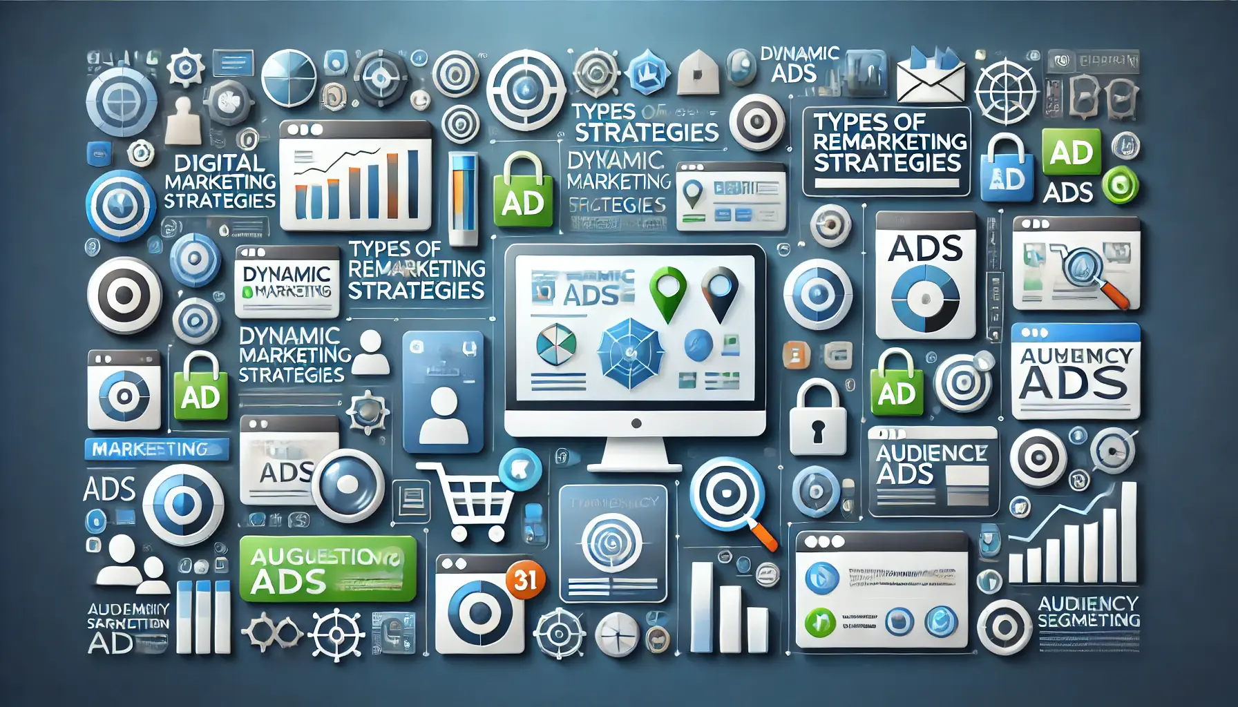 Digital marketing visuals depicting different ad formats, targeting icons, and audience segmentation representing various remarketing strategies.