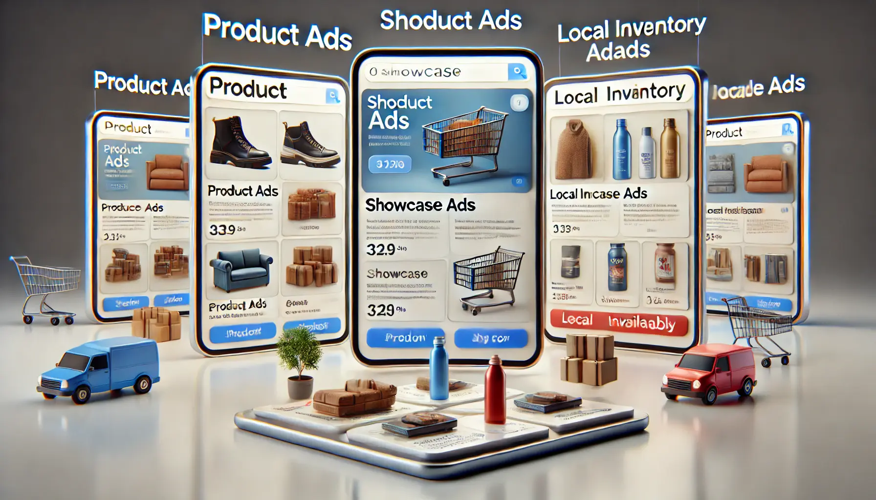 A visual representation of different Shopping Ad types, including product ads, showcase ads, and local inventory ads on a search engine results page.