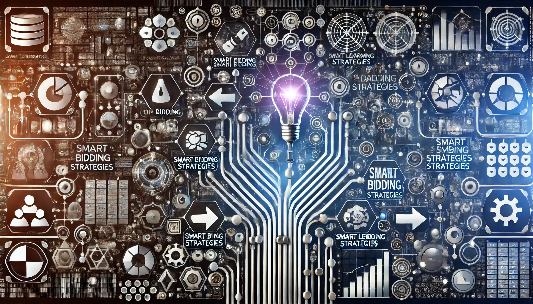 An abstract visualization of different pathways and data flows representing the variety of Smart Bidding strategies in digital advertising.