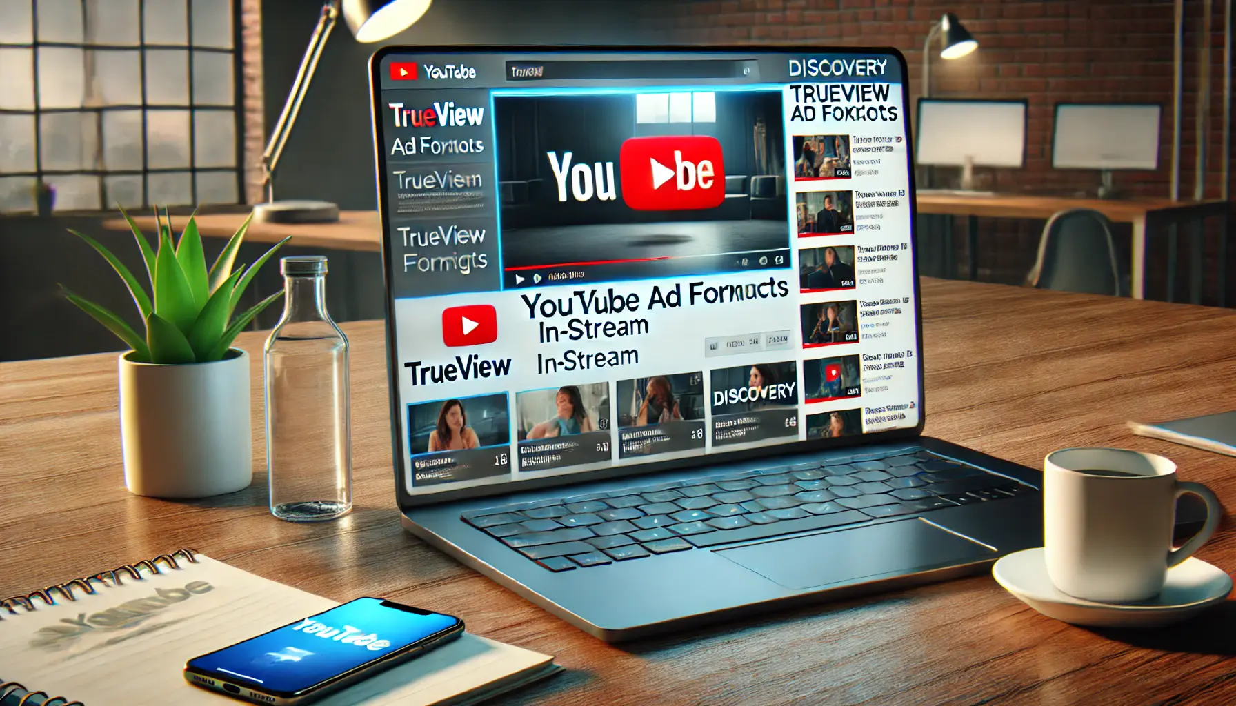 YouTube interface showing an In-Stream ad playing on a laptop screen with Discovery ad thumbnails alongside, in a digital workspace setting.