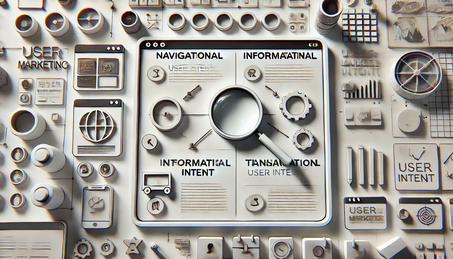 Digital marketing dashboard representing user intent types: navigational, informational, and transactional.