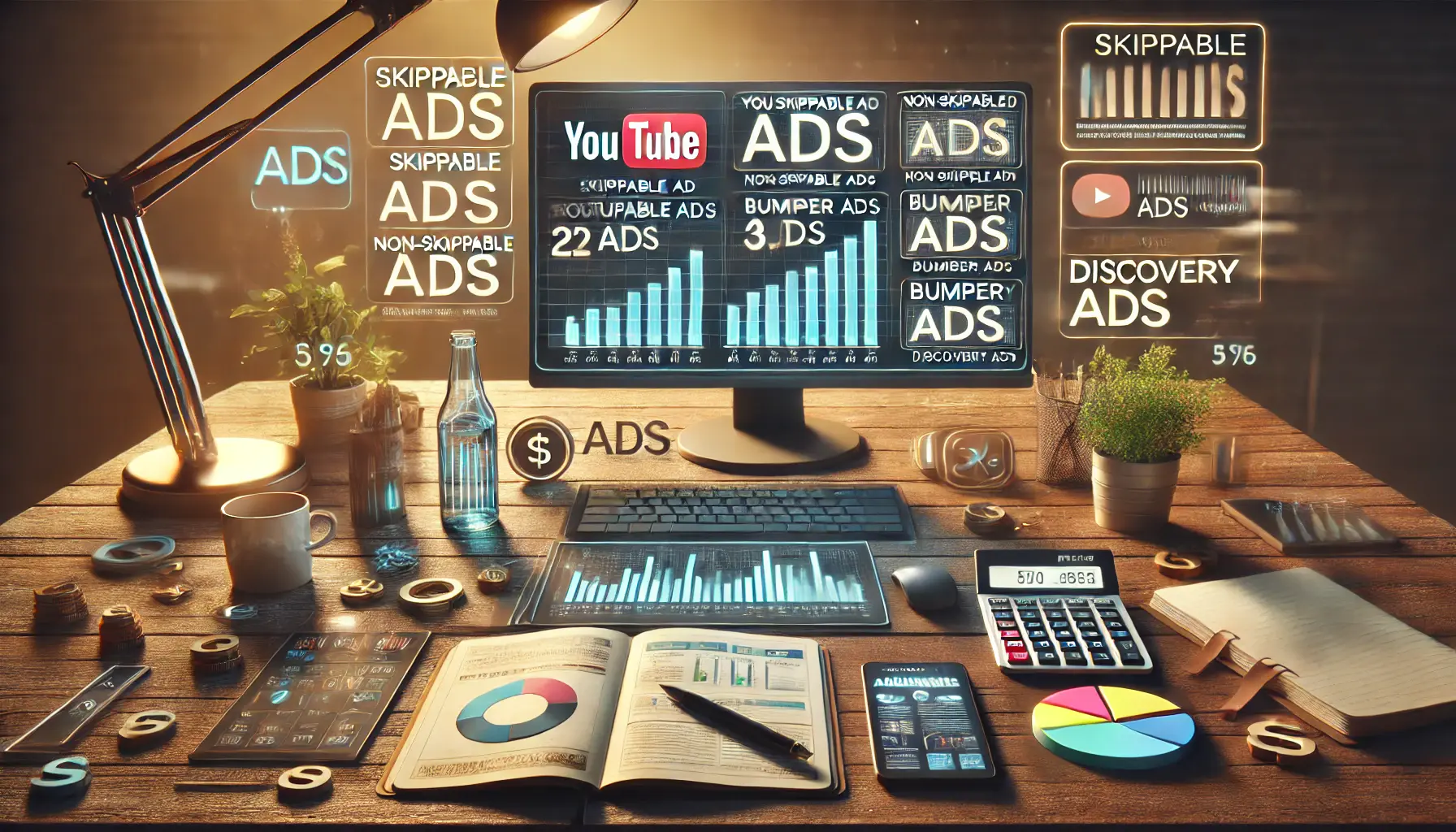 A realistic image of a workspace with a computer displaying YouTube ad types, symbolizing the costs of different ad formats on YouTube.