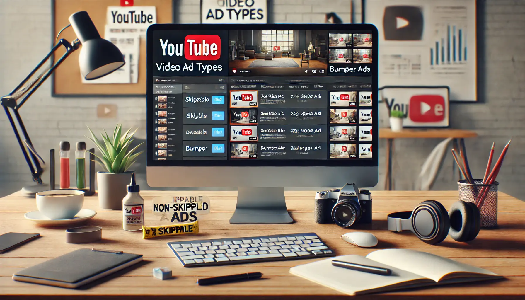 Creative workspace showing YouTube ad formats on a screen, with marketing tools around.