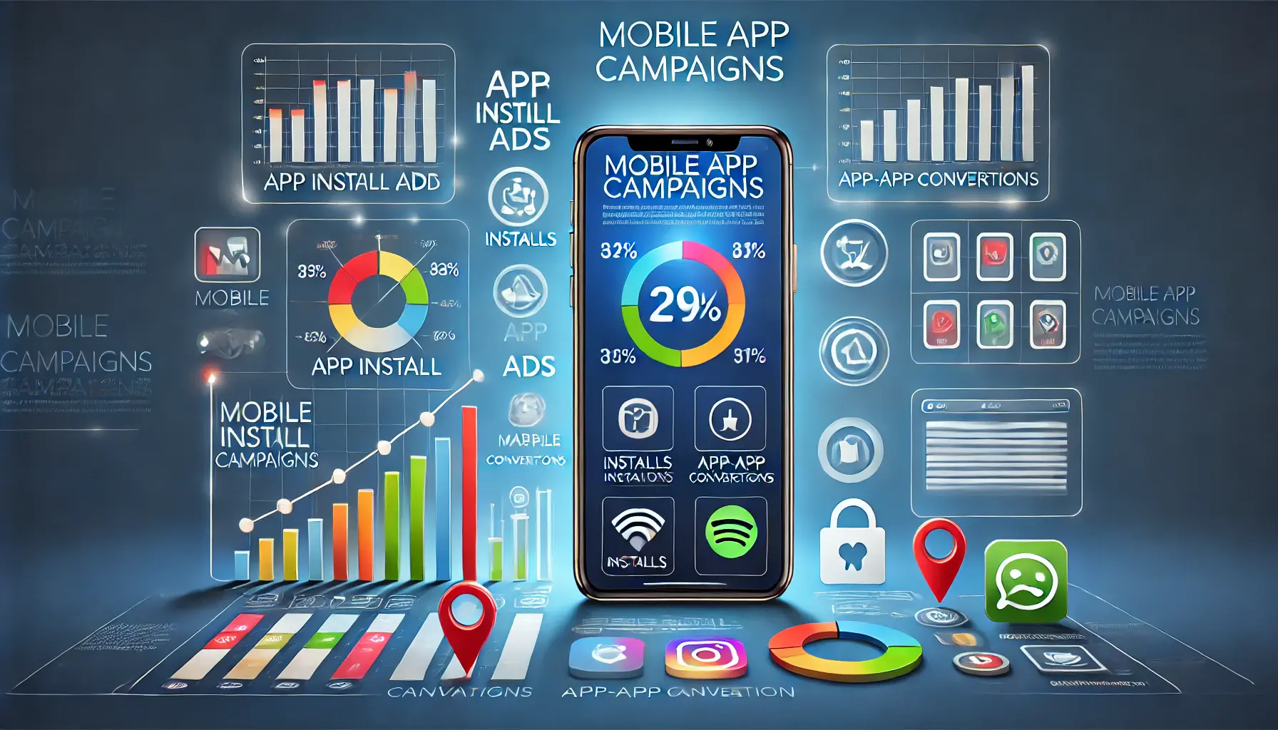 Smartphone displaying app install ads and tracking analytics for installs, in-app conversions, and user engagement