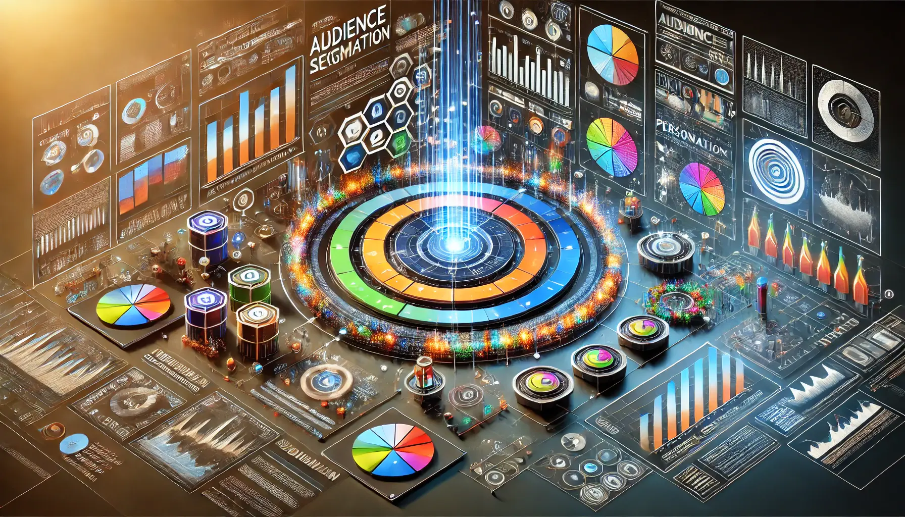 A marketing interface displaying audience segmentation data, such as demographics and behaviors, alongside personalized ad creatives tailored to different audience segments.