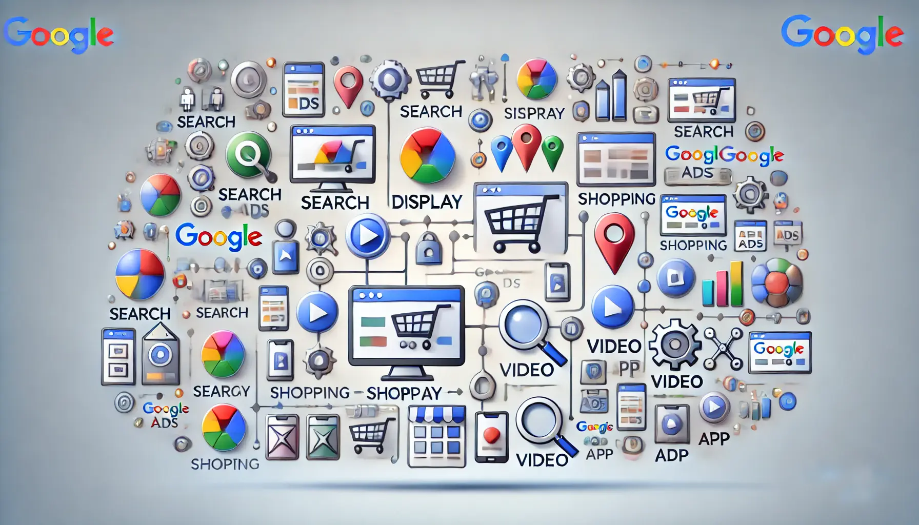 A visual representation of different Google Ads campaign types, featuring icons for search, display, shopping, video, and app campaigns arranged in a structured layout.