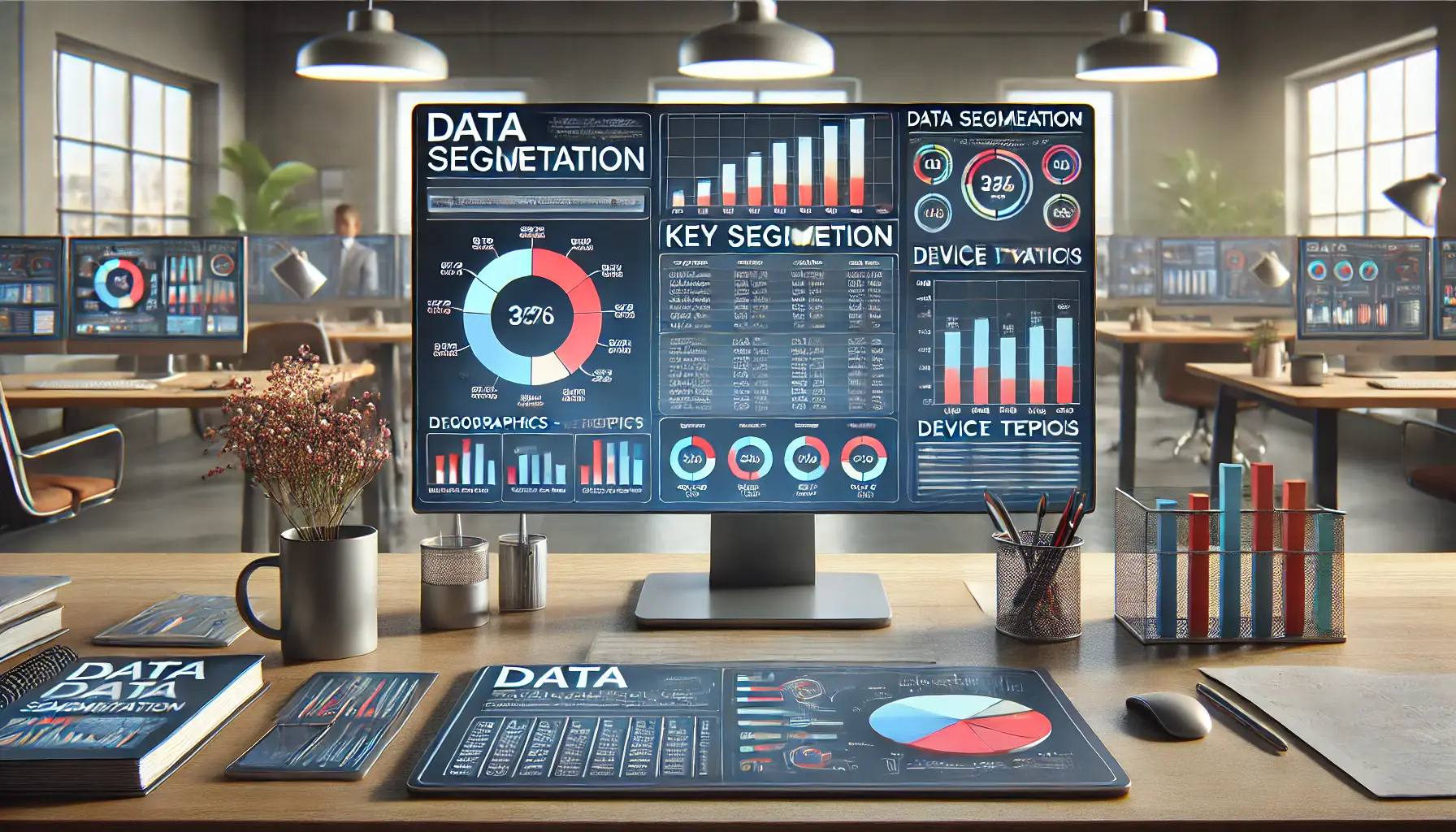 A computer screen displaying a dashboard breaking down data into segments such as demographics, device types, and geographic locations, with colorful charts and graphs.