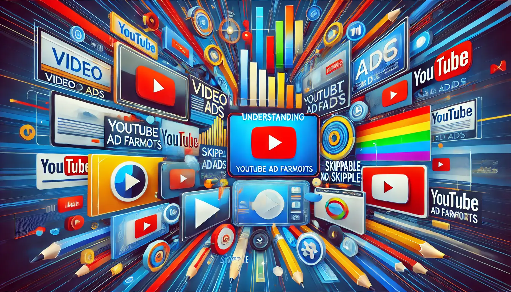 An image representing various YouTube ad formats with abstract visuals of video ads and overlay placements in a dynamic, vibrant composition.