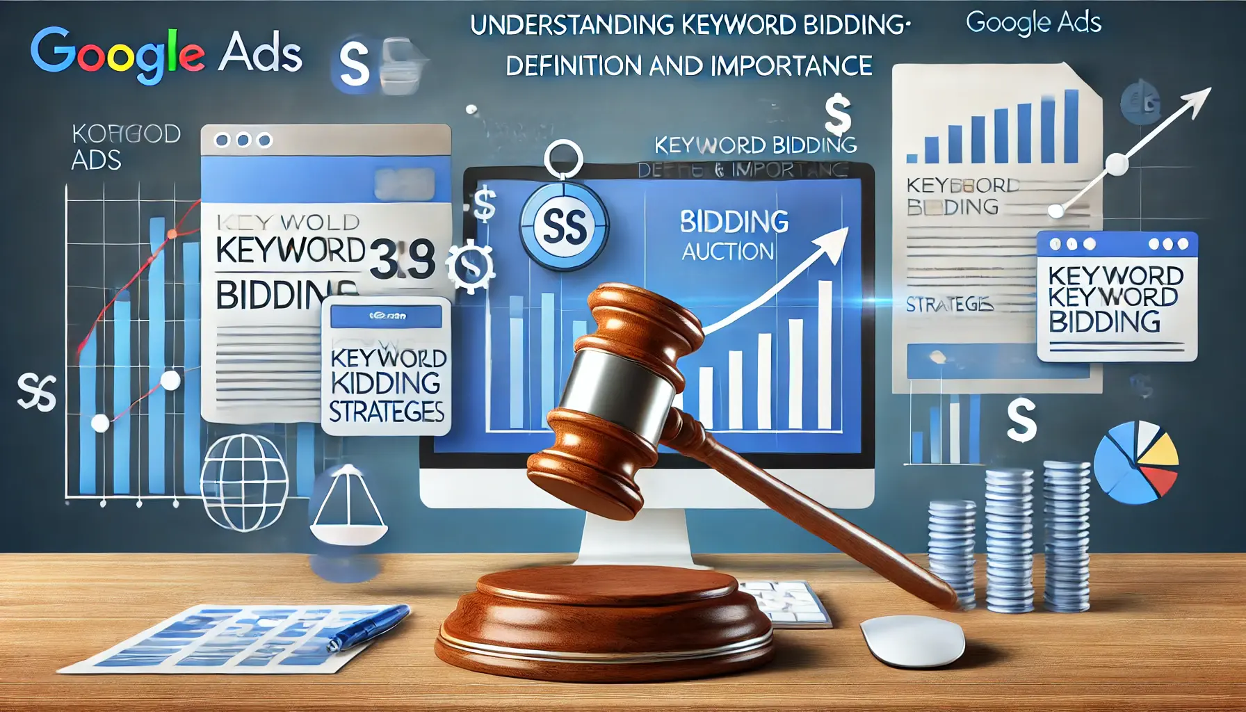 Visual representation of keyword bidding strategies in digital marketing, showing a bidding auction concept alongside a computer displaying analytics and ad performance metrics.